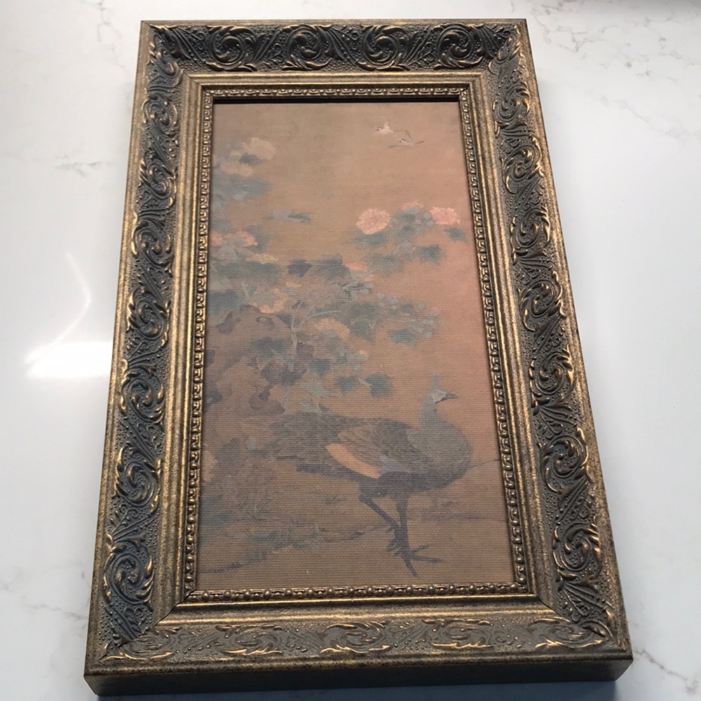 Petal Lane Antique-Style Framed Peacock Wall Art in Gold and Brown 7”x12”